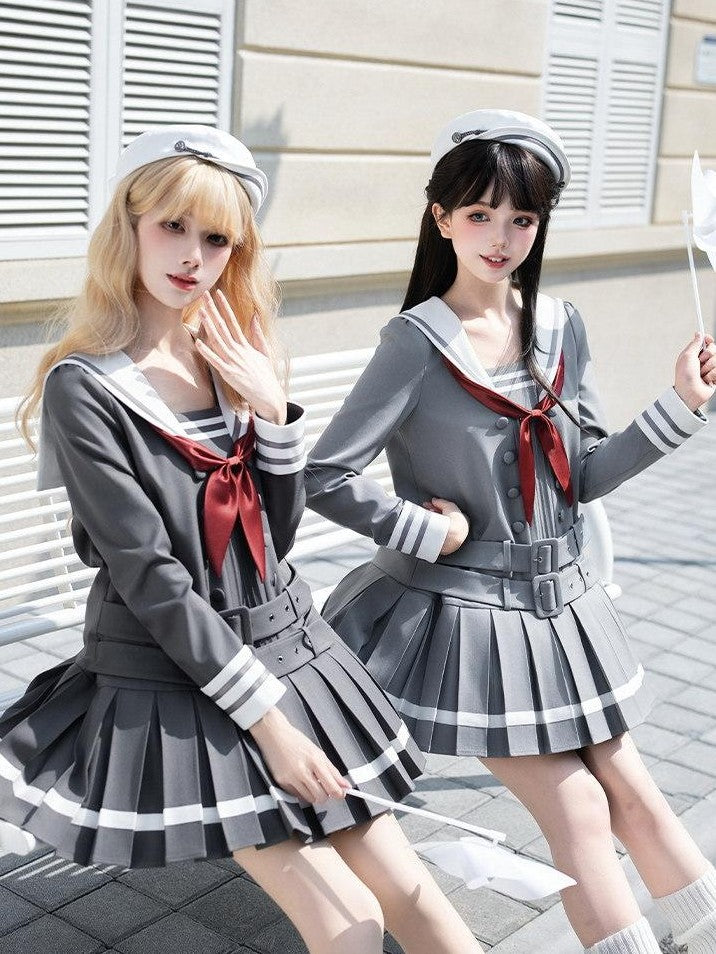 With PUJI Deep Gray Loose Sailor Collar Pleated Skirt Women's Long Sleeve Op