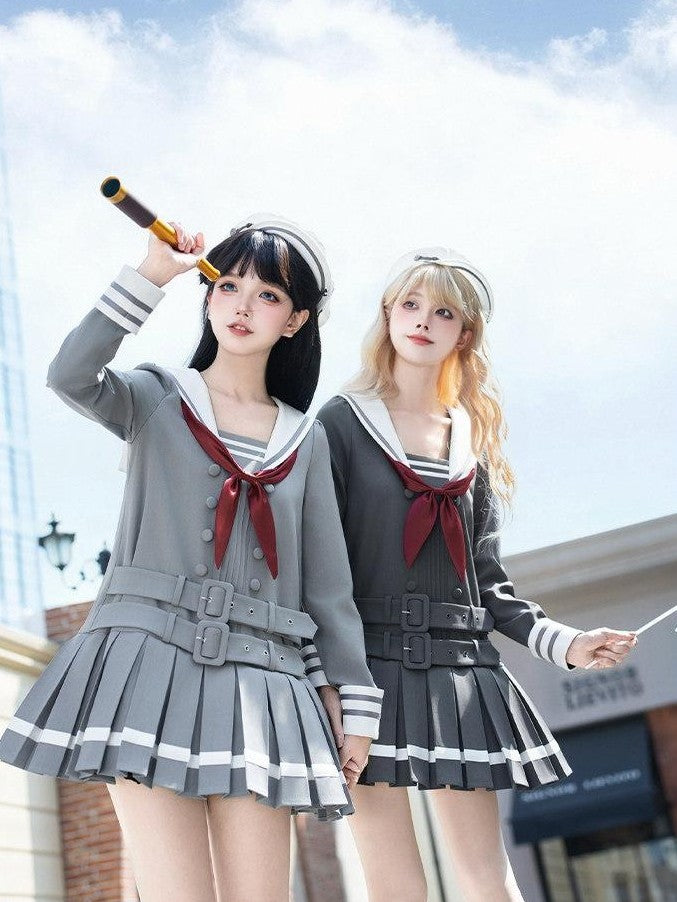 With PUJI Deep Gray Loose Sailor Collar Pleated Skirt Women's Long Sleeve Op