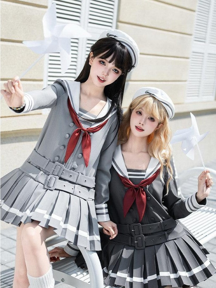 With PUJI Deep Gray Loose Sailor Collar Pleated Skirt Women's Long Sleeve Op