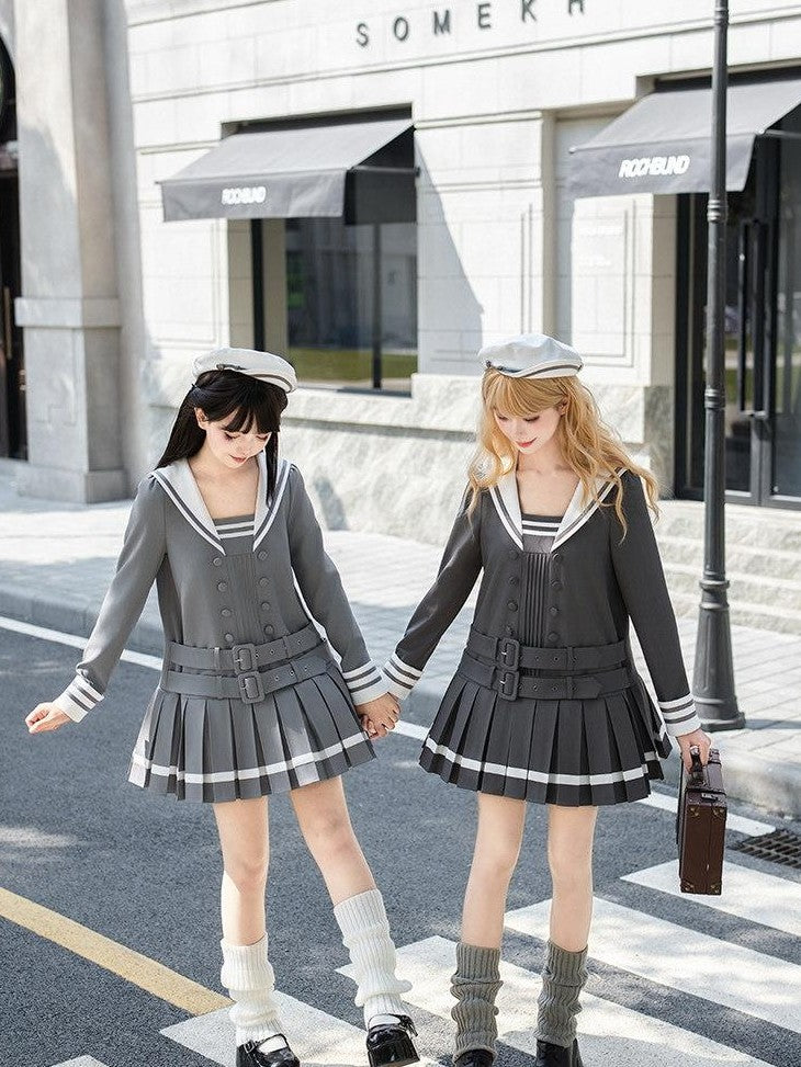 With PUJI Deep Gray Loose Sailor Collar Pleated Skirt Women's Long Sleeve Op