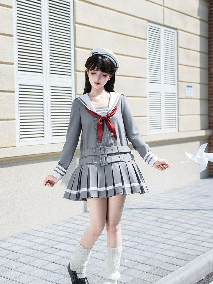 With PUJI Deep Gray Loose Sailor Collar Pleated Skirt Women's Long Sleeve Op