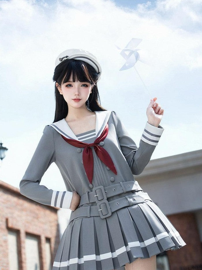 With PUJI Deep Gray Loose Sailor Collar Pleated Skirt Women's Long Sleeve Op