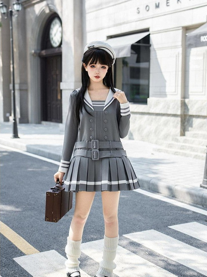 With PUJI Deep Gray Loose Sailor Collar Pleated Skirt Women's Long Sleeve Op