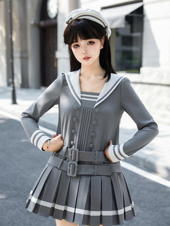 With PUJI Deep Gray Loose Sailor Collar Pleated Skirt Women's Long Sleeve Op