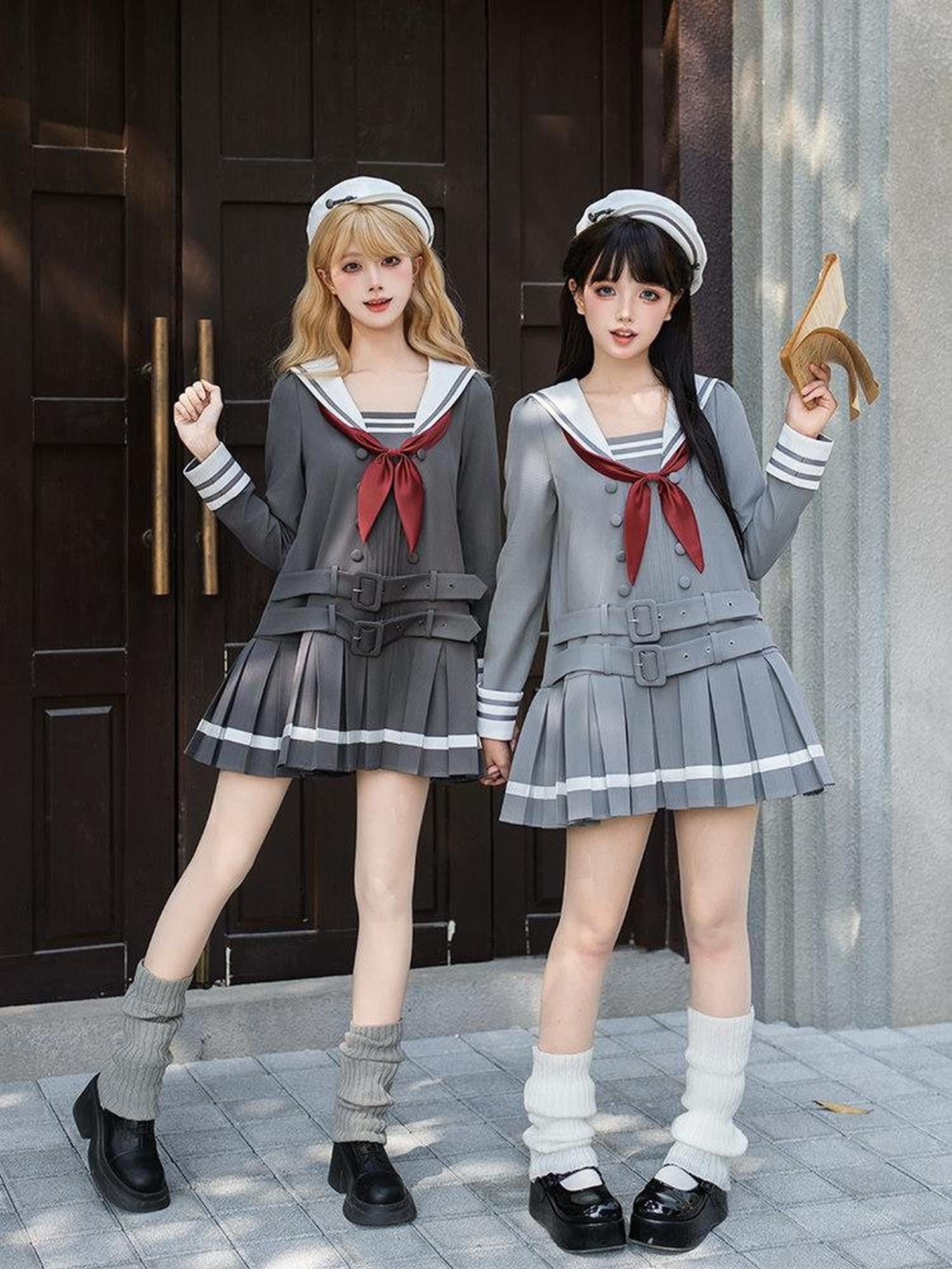 With PUJI Deep Gray Loose Sailor Collar Pleated Skirt Women's Long Sleeve Op