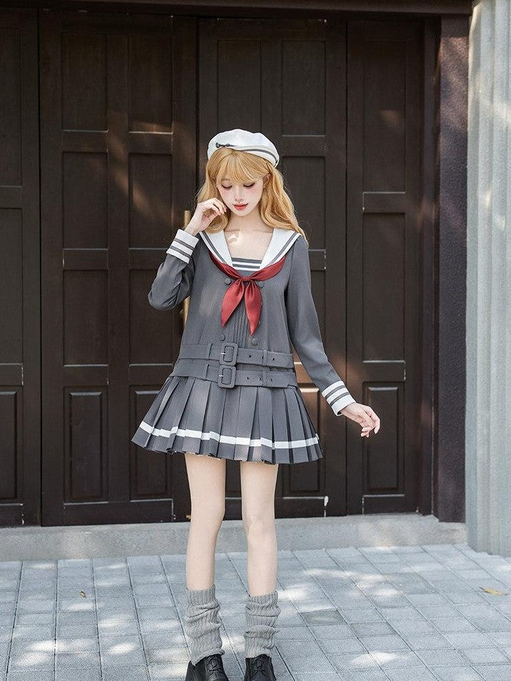 With PUJI Deep Gray Loose Sailor Collar Pleated Skirt Women's Long Sleeve Op