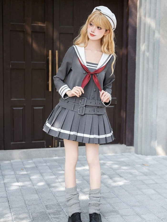 With PUJI Deep Gray Loose Sailor Collar Pleated Skirt Women's Long Sleeve Op