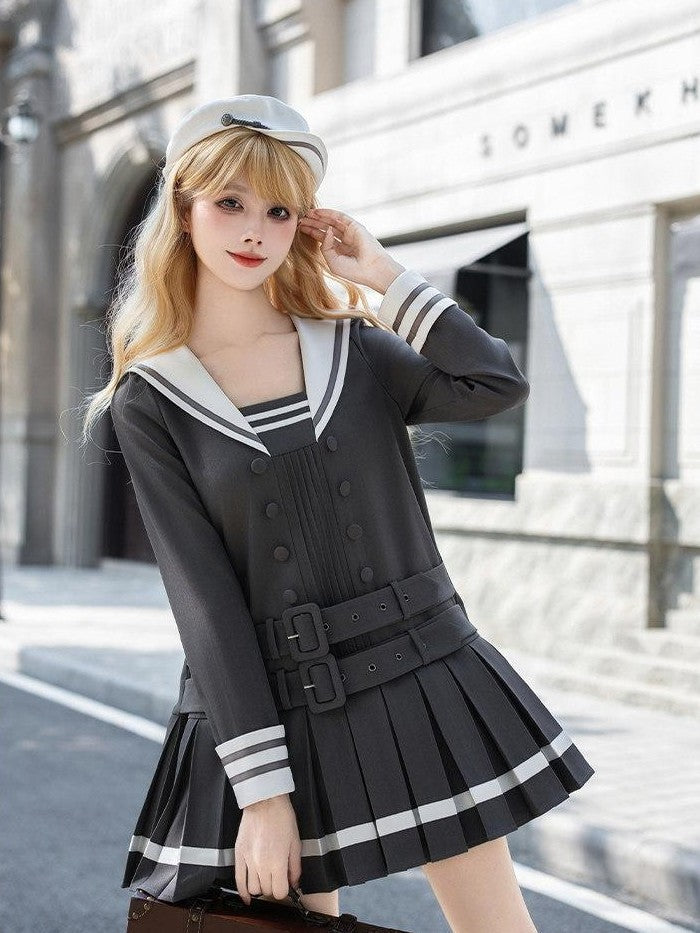 With PUJI Deep Gray Loose Sailor Collar Pleated Skirt Women's Long Sleeve Op