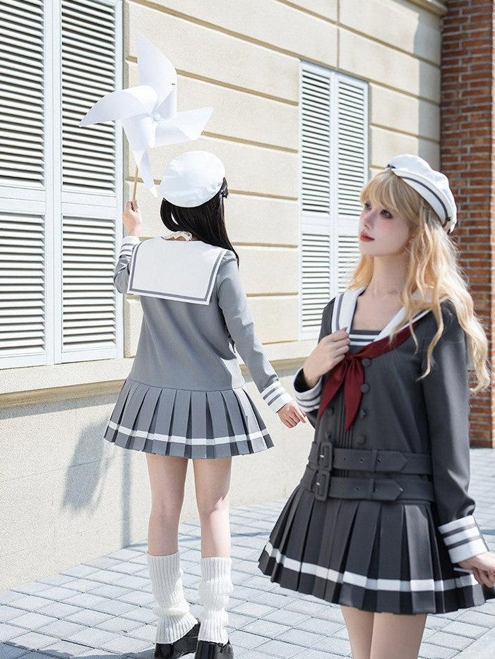 With PUJI Deep Gray Loose Sailor Collar Pleated Skirt Women's Long Sleeve Op