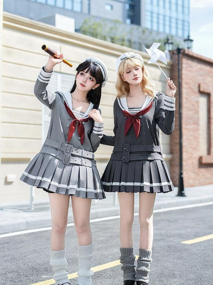 With PUJI Deep Gray Loose Sailor Collar Pleated Skirt Women's Long Sleeve Op