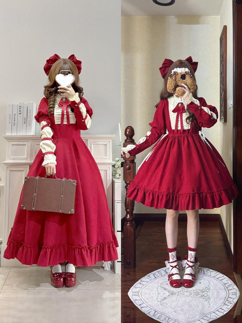 With PUJI Doll Lace Stand Collar Contrast Ruffle Women's Polyester Long Sleeve Op