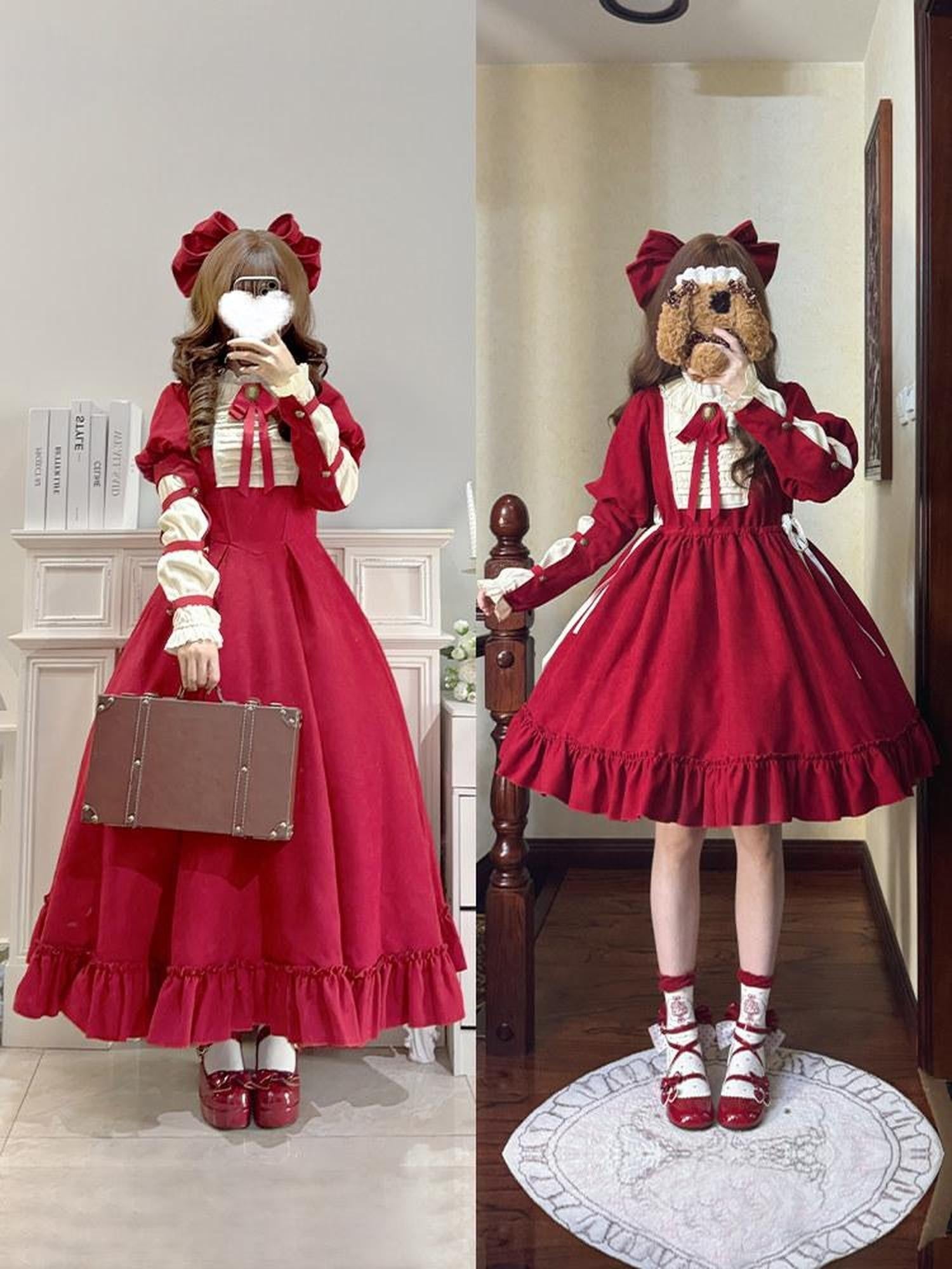 With PUJI Doll Lace Stand Collar Contrast Ruffle Women's Polyester Long Sleeve Op