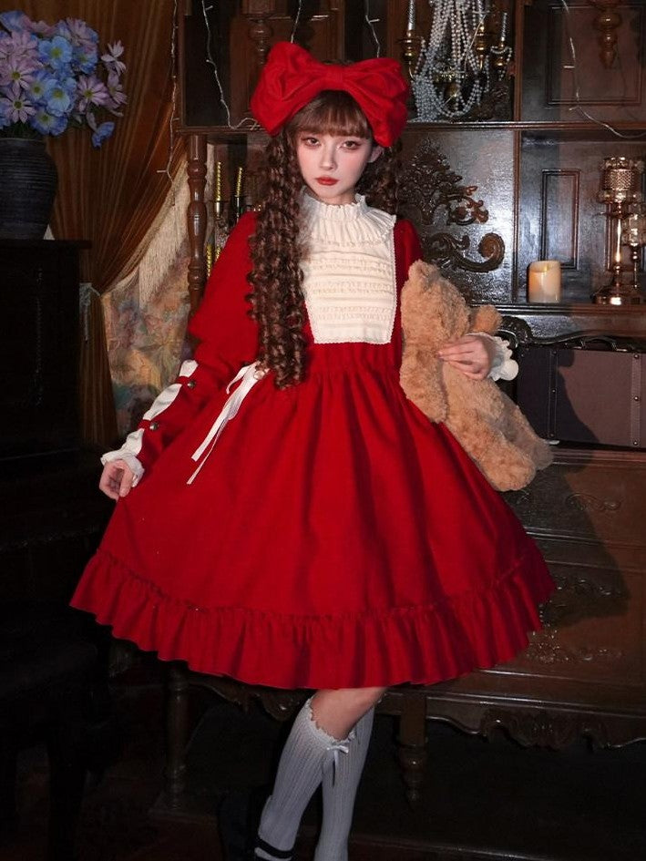 With PUJI Doll Lace Stand Collar Contrast Ruffle Women's Polyester Long Sleeve Op