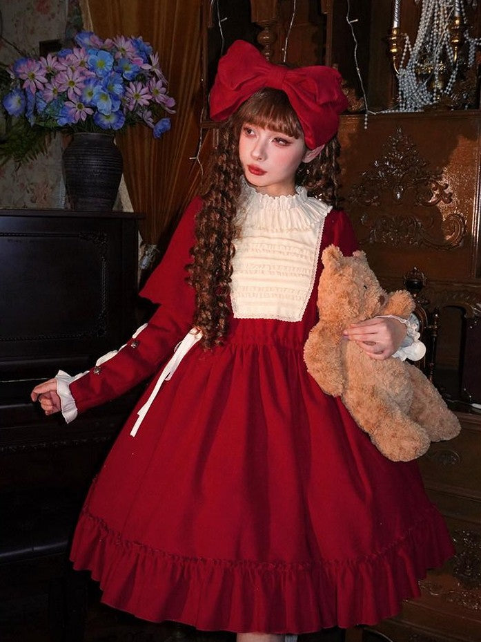With PUJI Doll Lace Stand Collar Contrast Ruffle Women's Polyester Long Sleeve Op