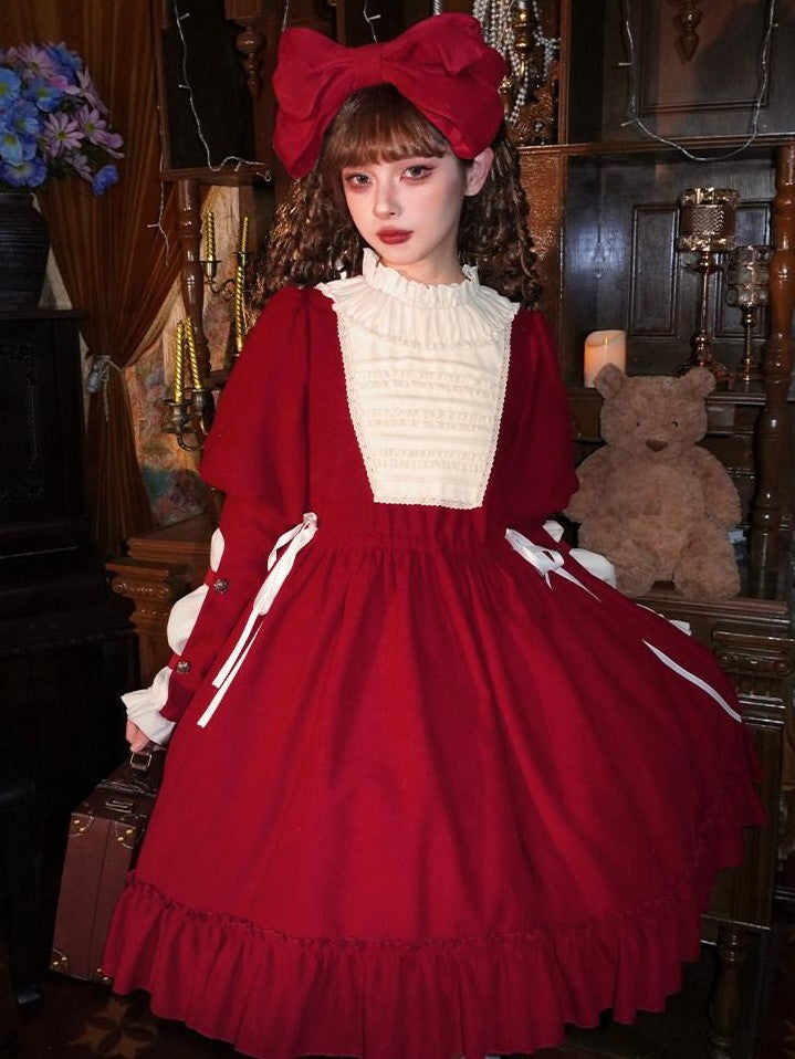With PUJI Doll Lace Stand Collar Contrast Ruffle Women's Polyester Long Sleeve Op
