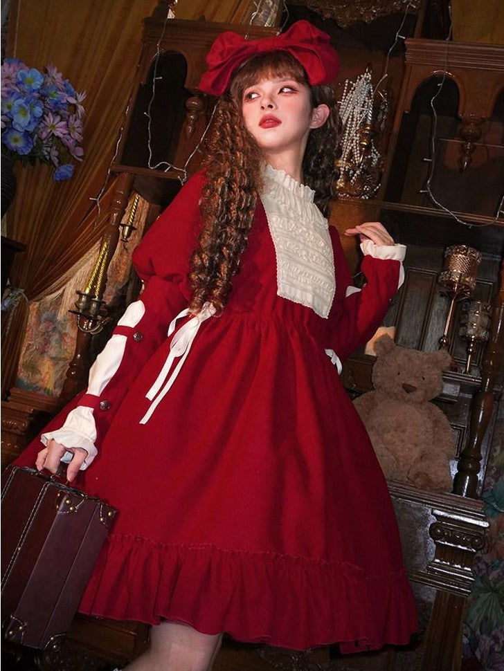 With PUJI Doll Lace Stand Collar Contrast Ruffle Women's Polyester Long Sleeve Op