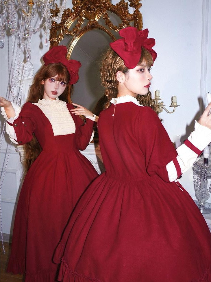With PUJI Doll Lace Stand Collar Contrast Ruffle Women's Polyester Long Sleeve Op