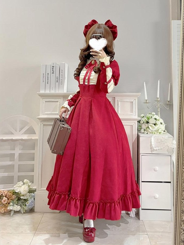 With PUJI Doll Lace Stand Collar Contrast Ruffle Women's Polyester Long Sleeve Op