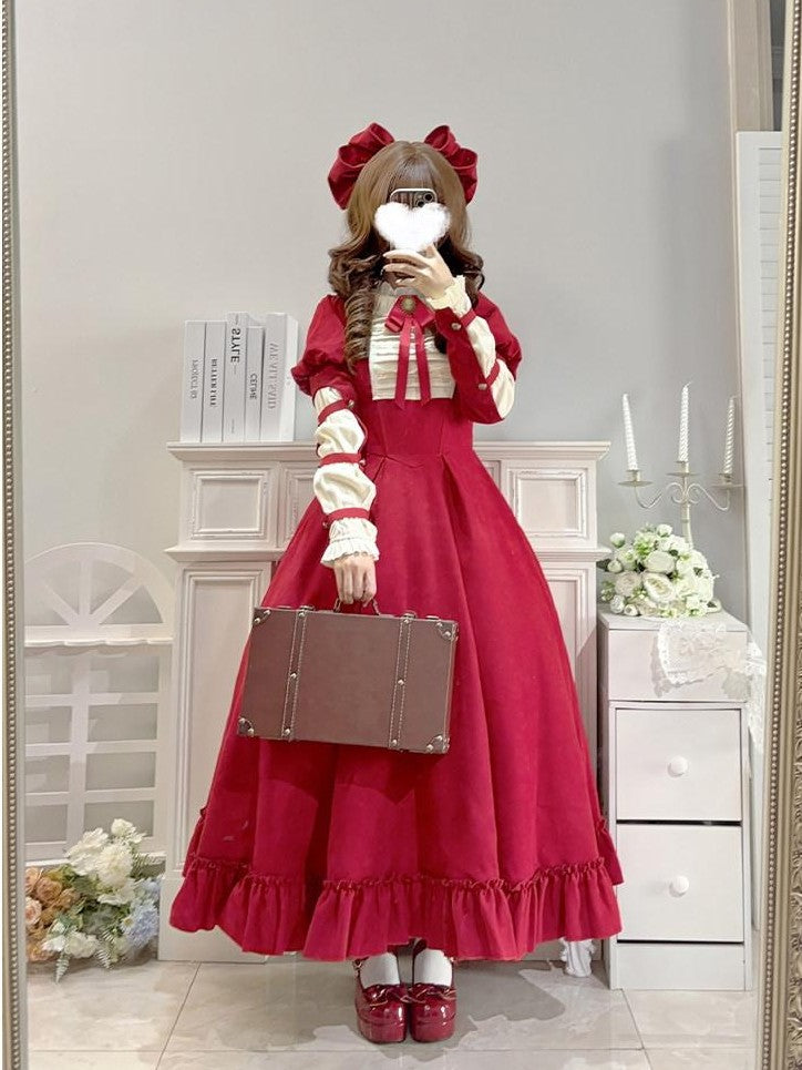 With PUJI Doll Lace Stand Collar Contrast Ruffle Women's Polyester Long Sleeve Op