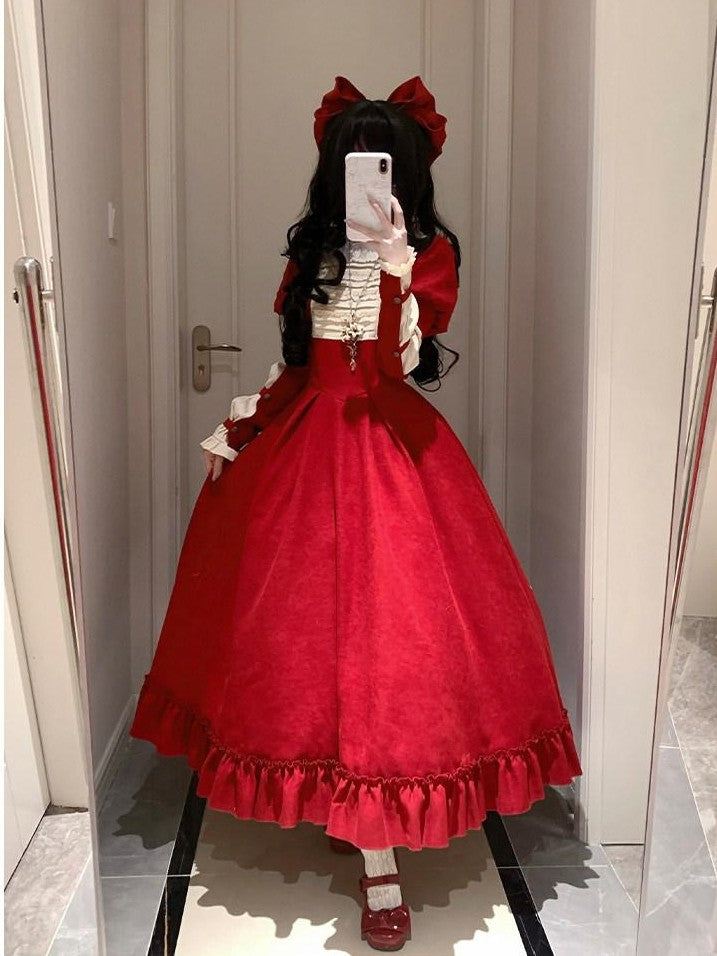 With PUJI Doll Lace Stand Collar Contrast Ruffle Women's Polyester Long Sleeve Op