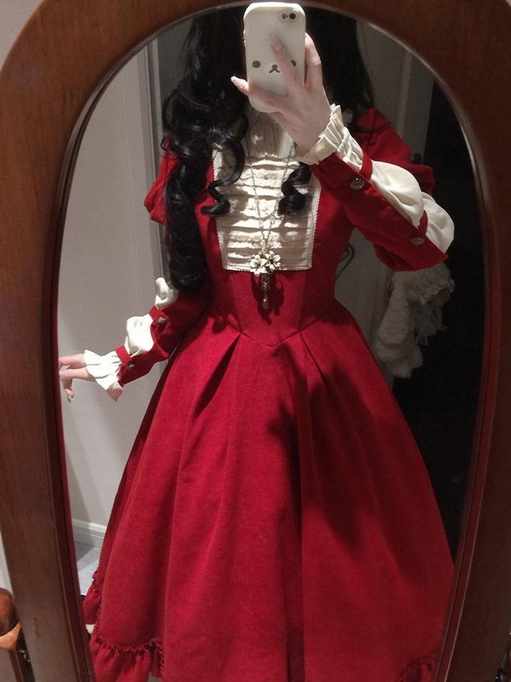 With PUJI Doll Lace Stand Collar Contrast Ruffle Women's Polyester Long Sleeve Op