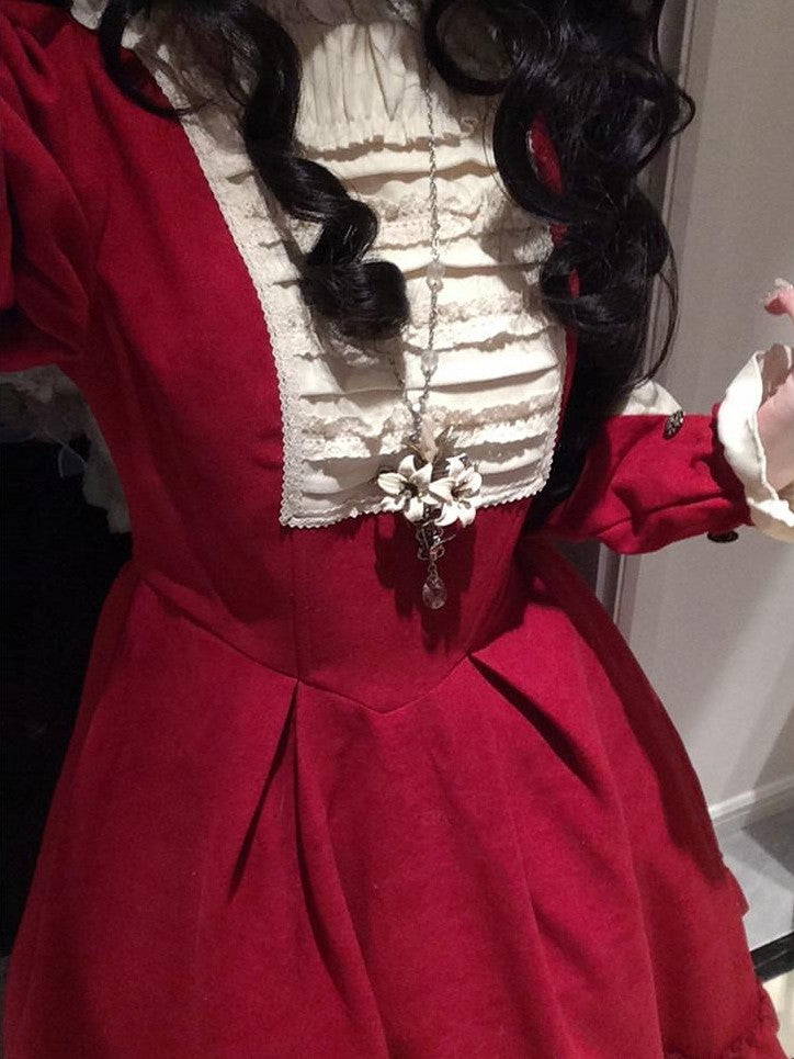 With PUJI Doll Lace Stand Collar Contrast Ruffle Women's Polyester Long Sleeve Op