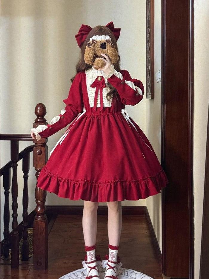 With PUJI Doll Lace Stand Collar Contrast Ruffle Women's Polyester Long Sleeve Op
