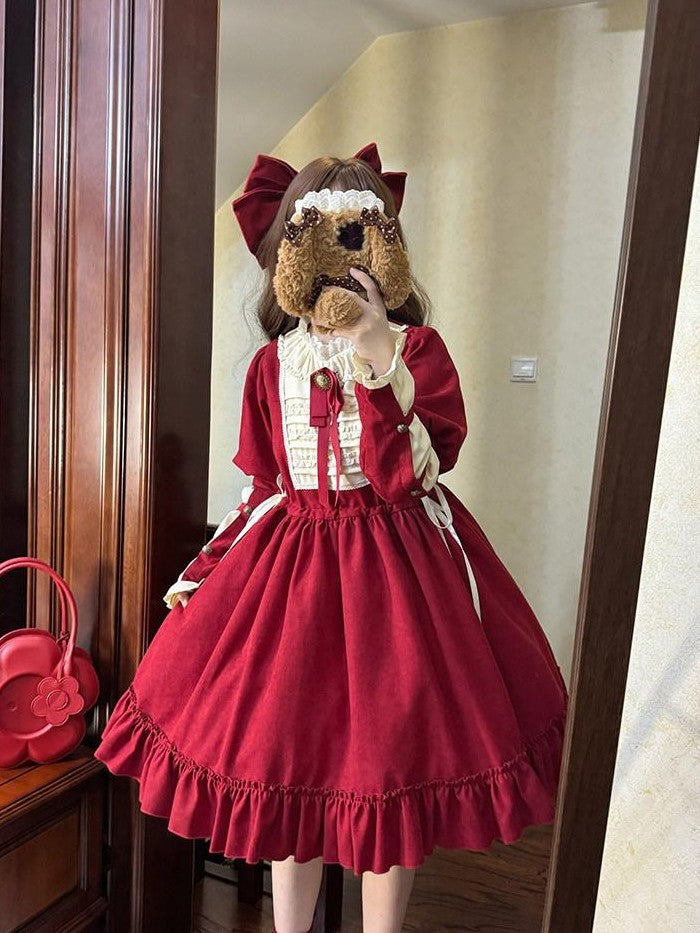 With PUJI Doll Lace Stand Collar Contrast Ruffle Women's Polyester Long Sleeve Op