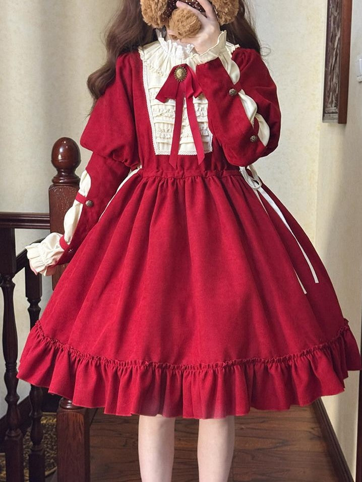 With PUJI Doll Lace Stand Collar Contrast Ruffle Women's Polyester Long Sleeve Op