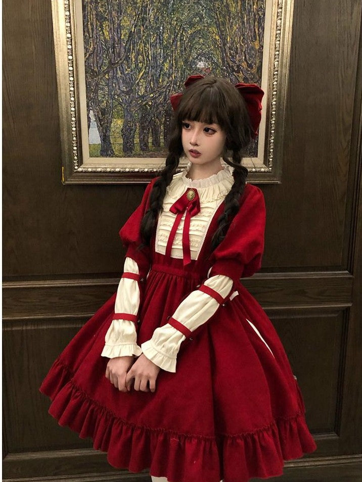 With PUJI Doll Lace Stand Collar Contrast Ruffle Women's Polyester Long Sleeve Op