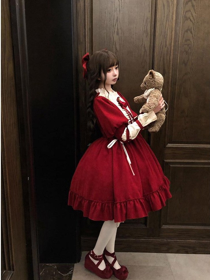 With PUJI Doll Lace Stand Collar Contrast Ruffle Women's Polyester Long Sleeve Op
