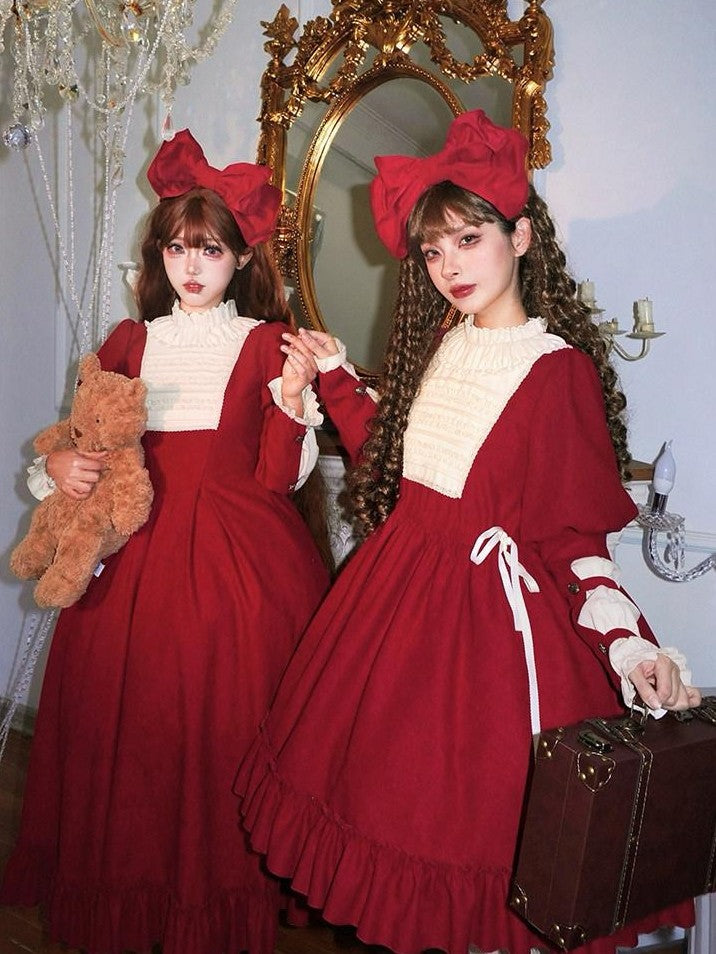 With PUJI Doll Lace Stand Collar Contrast Ruffle Women's Polyester Long Sleeve Op