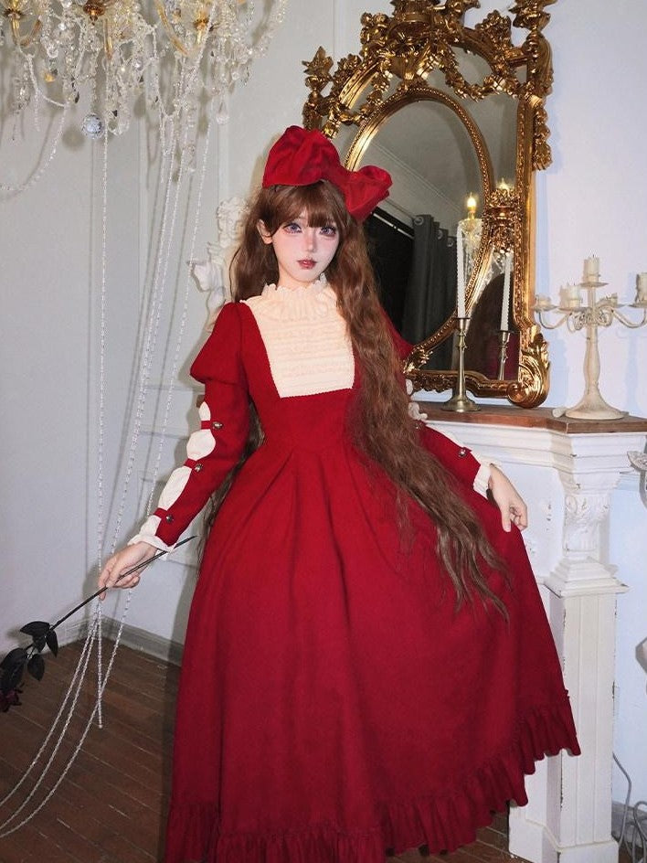 With PUJI Doll Lace Stand Collar Contrast Ruffle Women's Polyester Long Sleeve Op