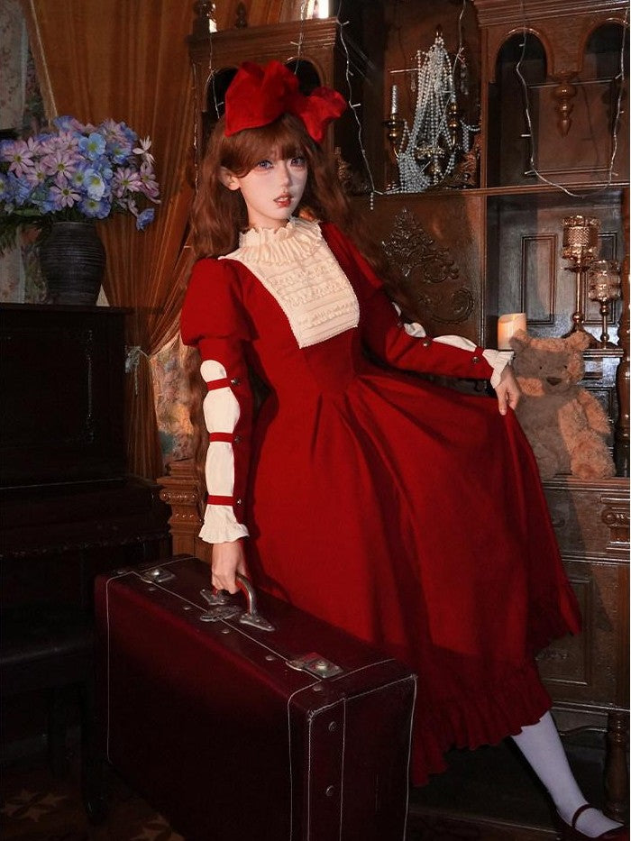 With PUJI Doll Lace Stand Collar Contrast Ruffle Women's Polyester Long Sleeve Op