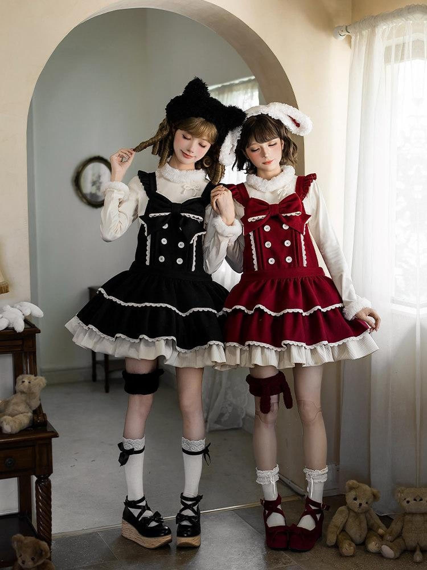 With PUJI Doll Style Bear Rabbit Cat Three Tier Ruffle Strap Women's Jsk / Jumper Skirts