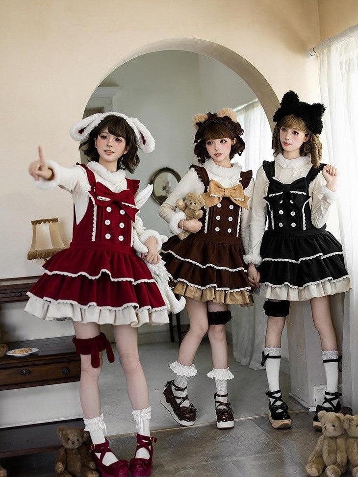 With PUJI Doll Style Bear Rabbit Cat Three Tier Ruffle Strap Women's Jsk / Jumper Skirts
