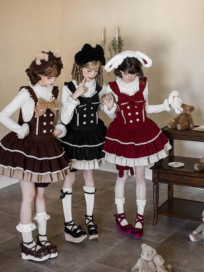 With PUJI Doll Style Bear Rabbit Cat Three Tier Ruffle Strap Women's Jsk / Jumper Skirts