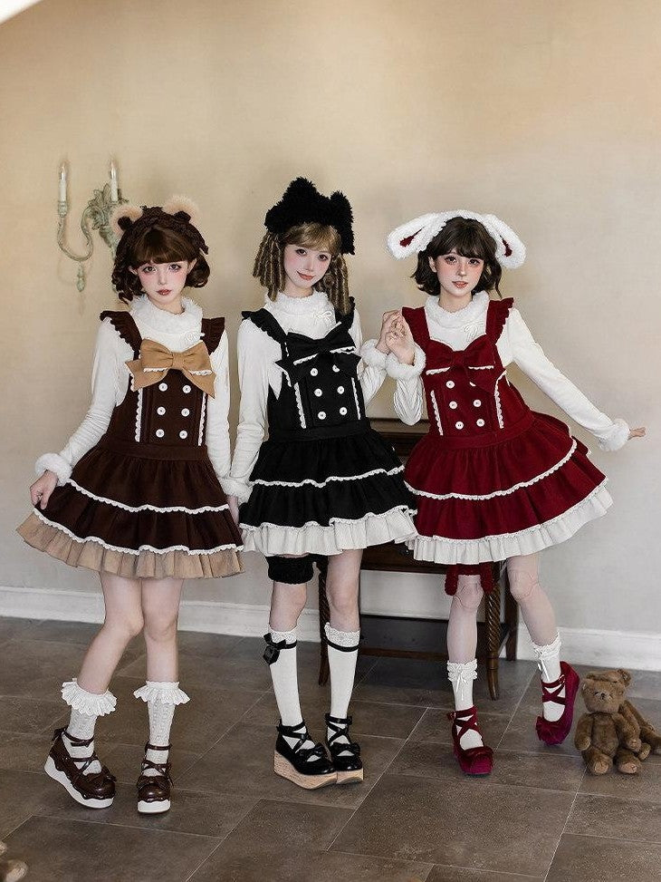 With PUJI Doll Style Bear Rabbit Cat Three Tier Ruffle Strap Women's Jsk / Jumper Skirts