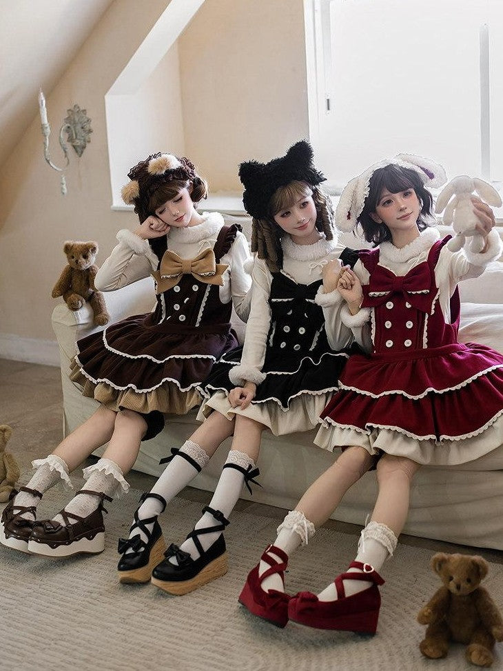 With PUJI Doll Style Bear Rabbit Cat Three Tier Ruffle Strap Women's Jsk / Jumper Skirts