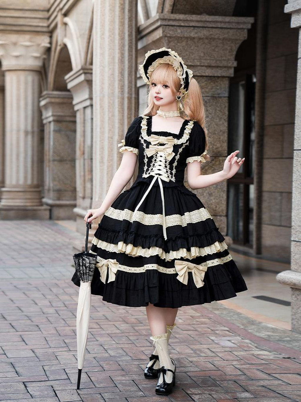With PUJI Dolllike Lolita Detachable Sleeves Ruffle Hem Square Neck Women's Skirt Sets