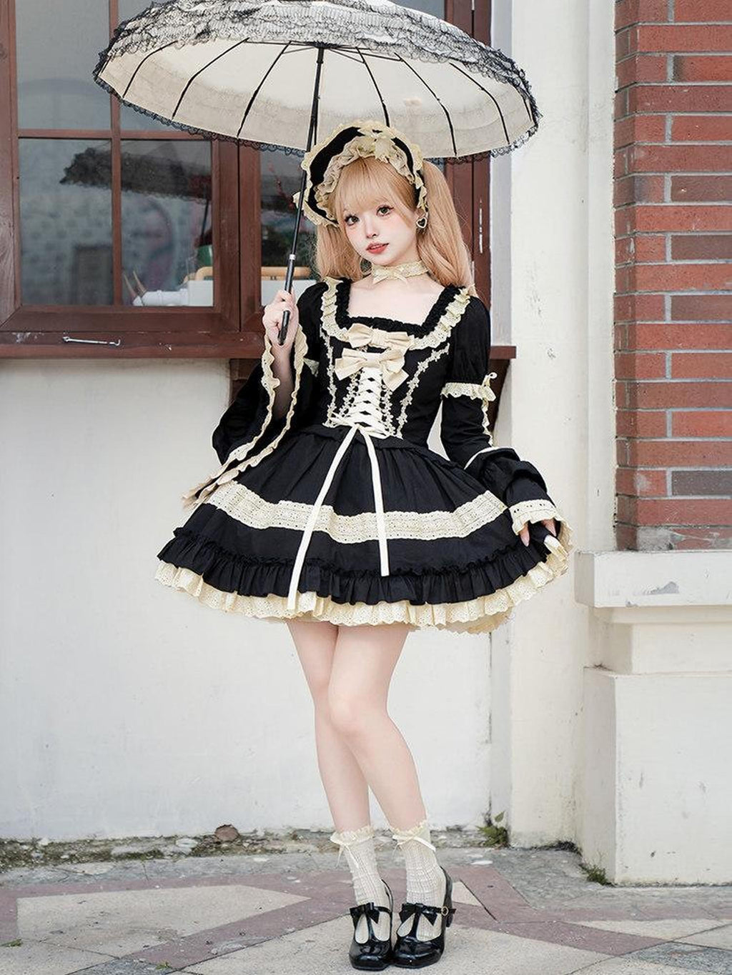 With PUJI Dolllike Lolita Detachable Sleeves Ruffle Hem Square Neck Women's Skirt Sets
