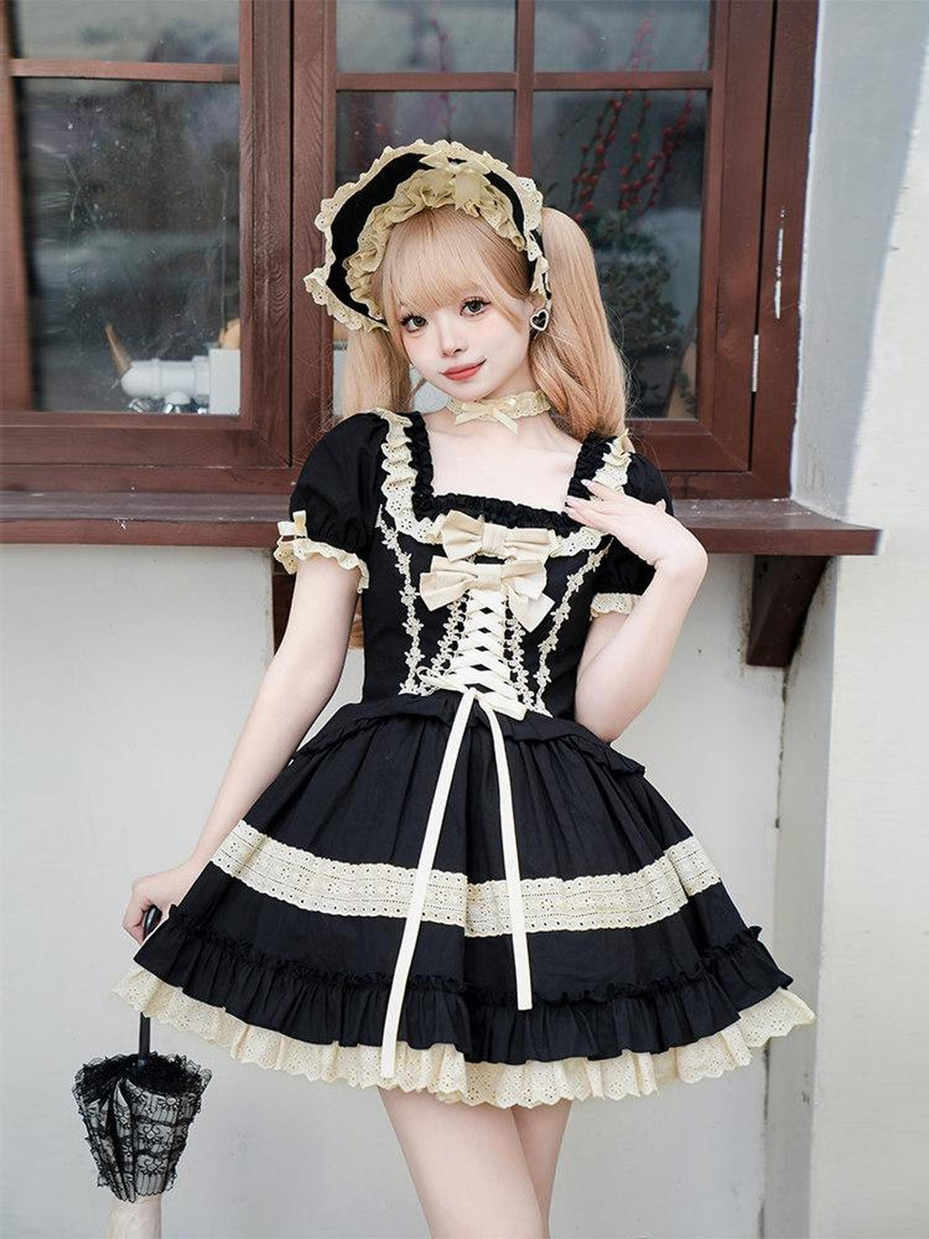 With PUJI Dolllike Lolita Detachable Sleeves Ruffle Hem Square Neck Women's Skirt Sets