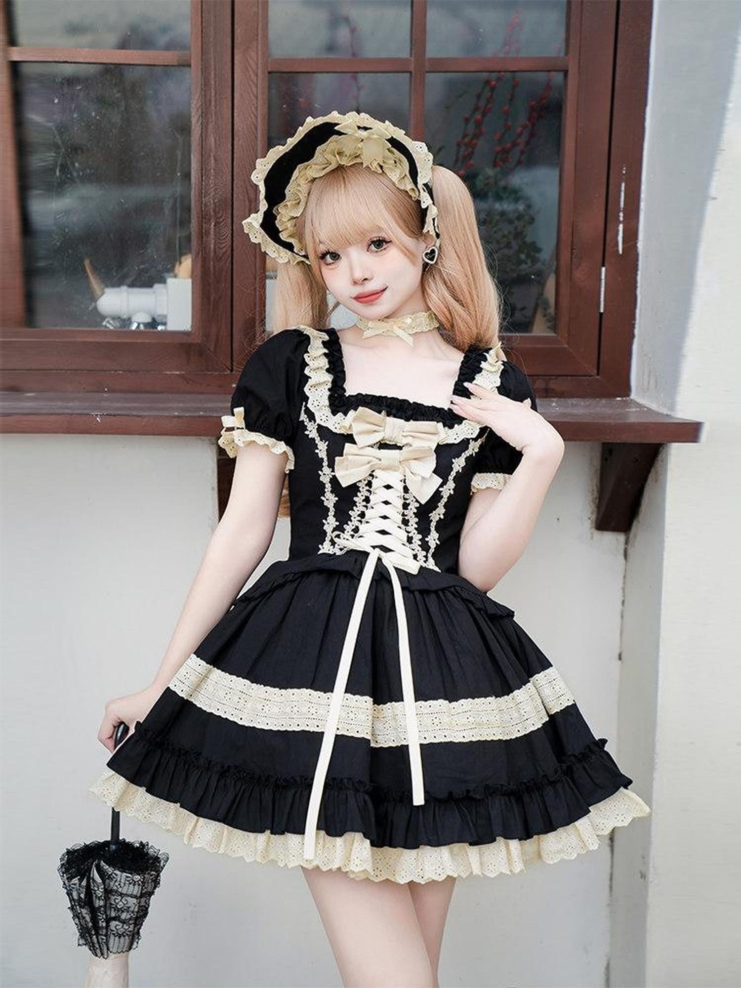 With PUJI Dolllike Lolita Detachable Sleeves Ruffle Hem Square Neck Women's Skirt Sets