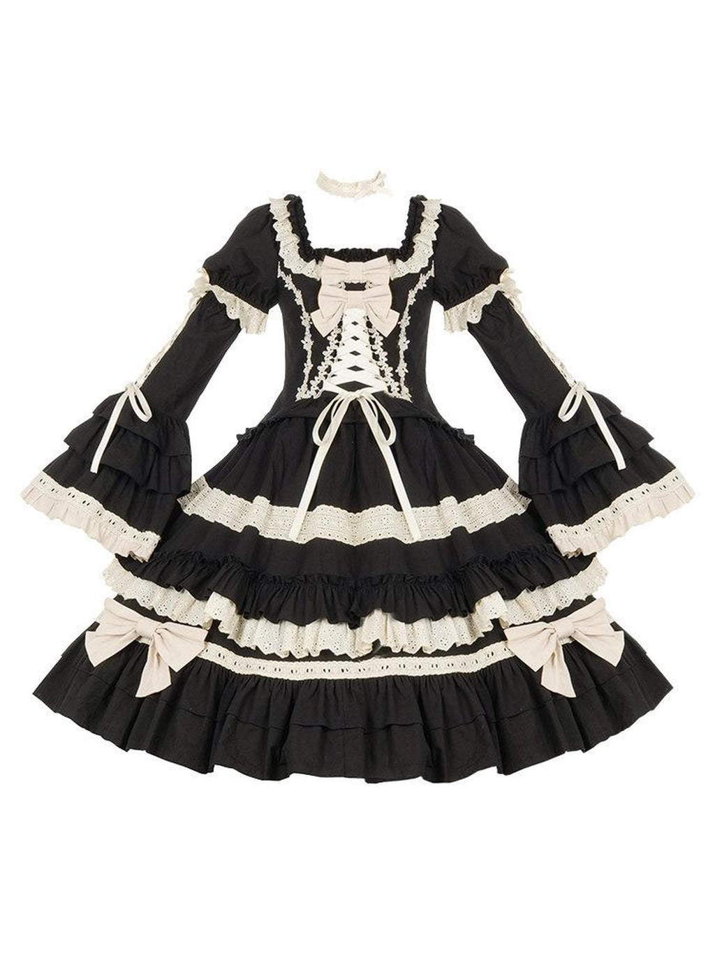 With PUJI Dolllike Lolita Detachable Sleeves Ruffle Hem Square Neck Women's Skirt Sets