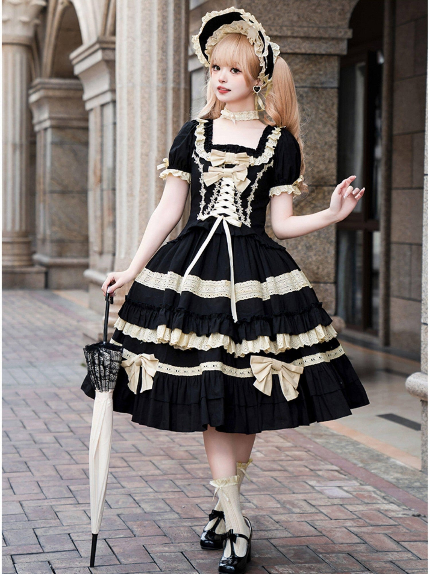 With PUJI Dolllike Lolita Detachable Sleeves Ruffle Hem Square Neck Women's Skirt Sets