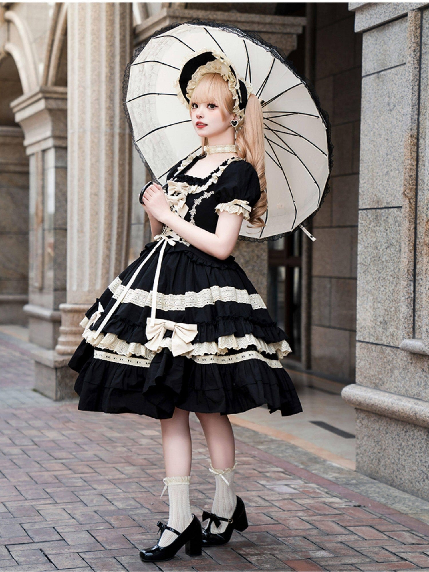 With PUJI Dolllike Lolita Detachable Sleeves Ruffle Hem Square Neck Women's Skirt Sets