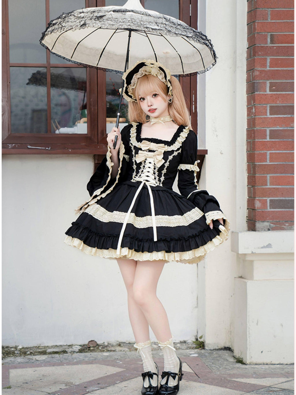 With PUJI Dolllike Lolita Detachable Sleeves Ruffle Hem Square Neck Women's Skirt Sets