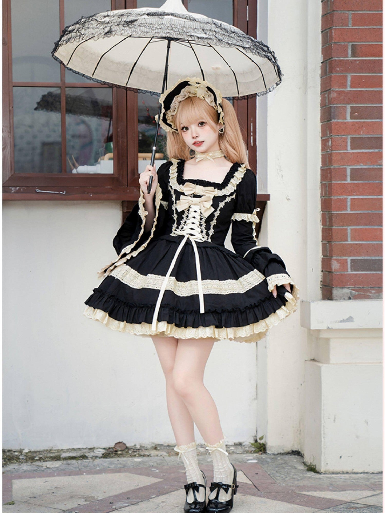 With PUJI Dolllike Lolita Detachable Sleeves Ruffle Hem Square Neck Women's Skirt Sets