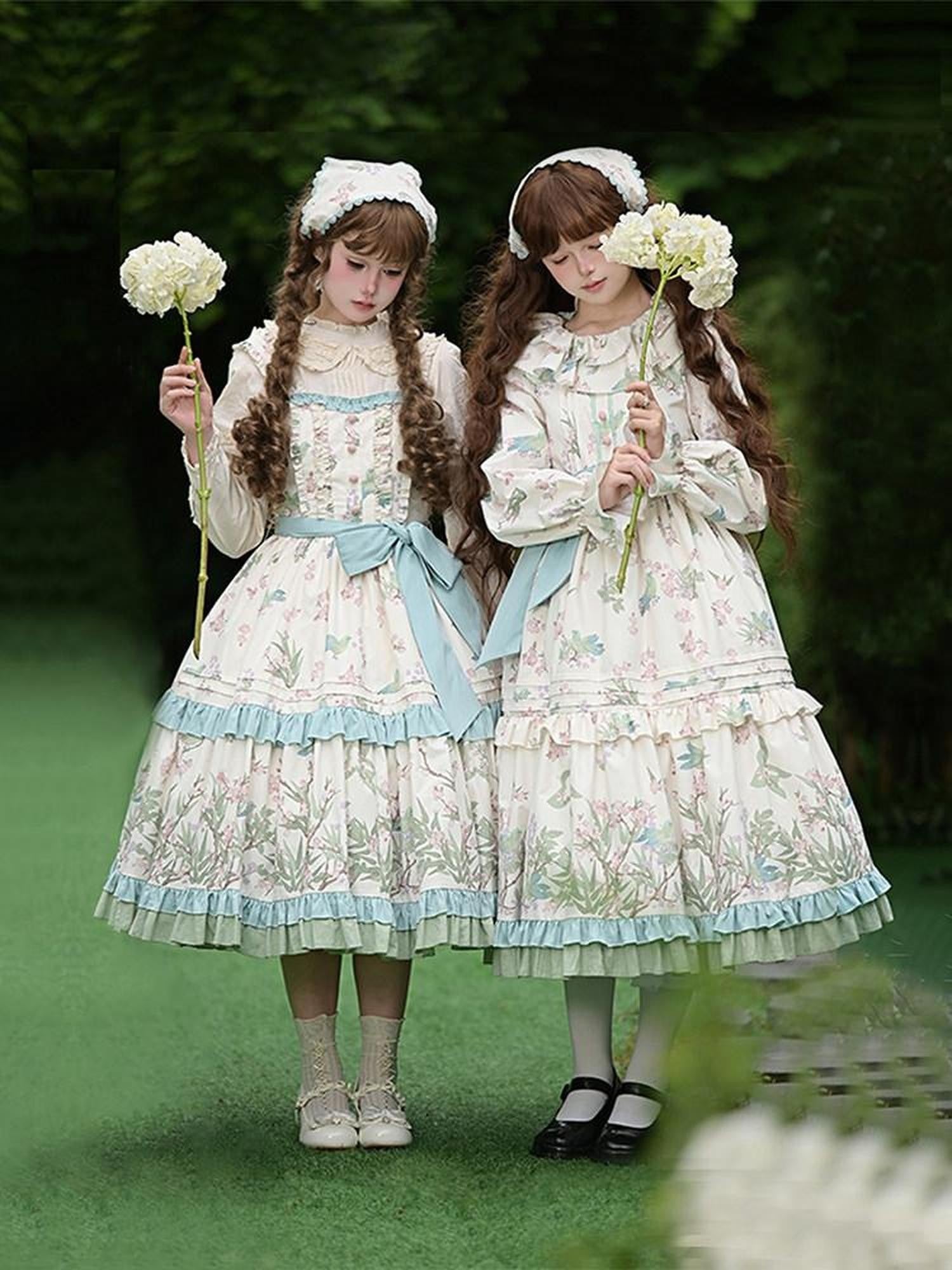 With PUJI Floral Bird Placement Print Ruffle Hem Women's Polyester Full Coordination Sets