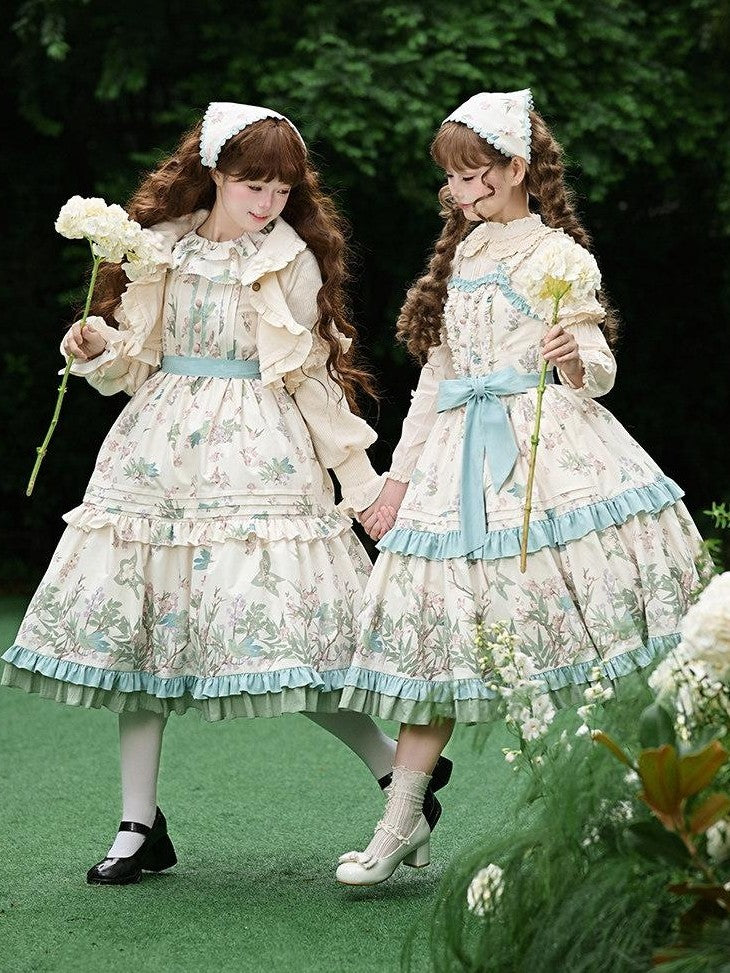 With PUJI Floral Bird Placement Print Ruffle Hem Women's Polyester Full Coordination Sets